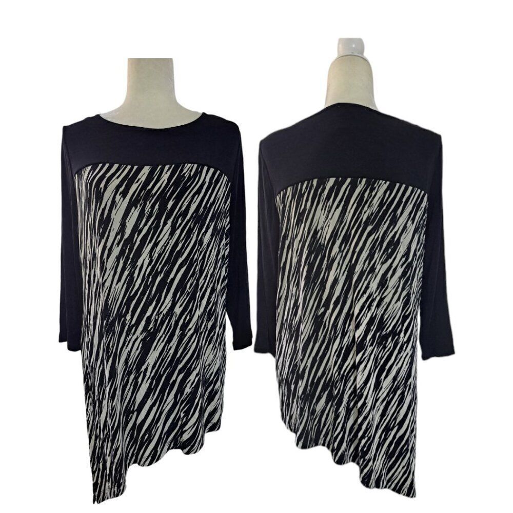 Chico's Travelers Women Asymmetrical Black  3/4 Sleeve Vacation Travel Top 2 -M